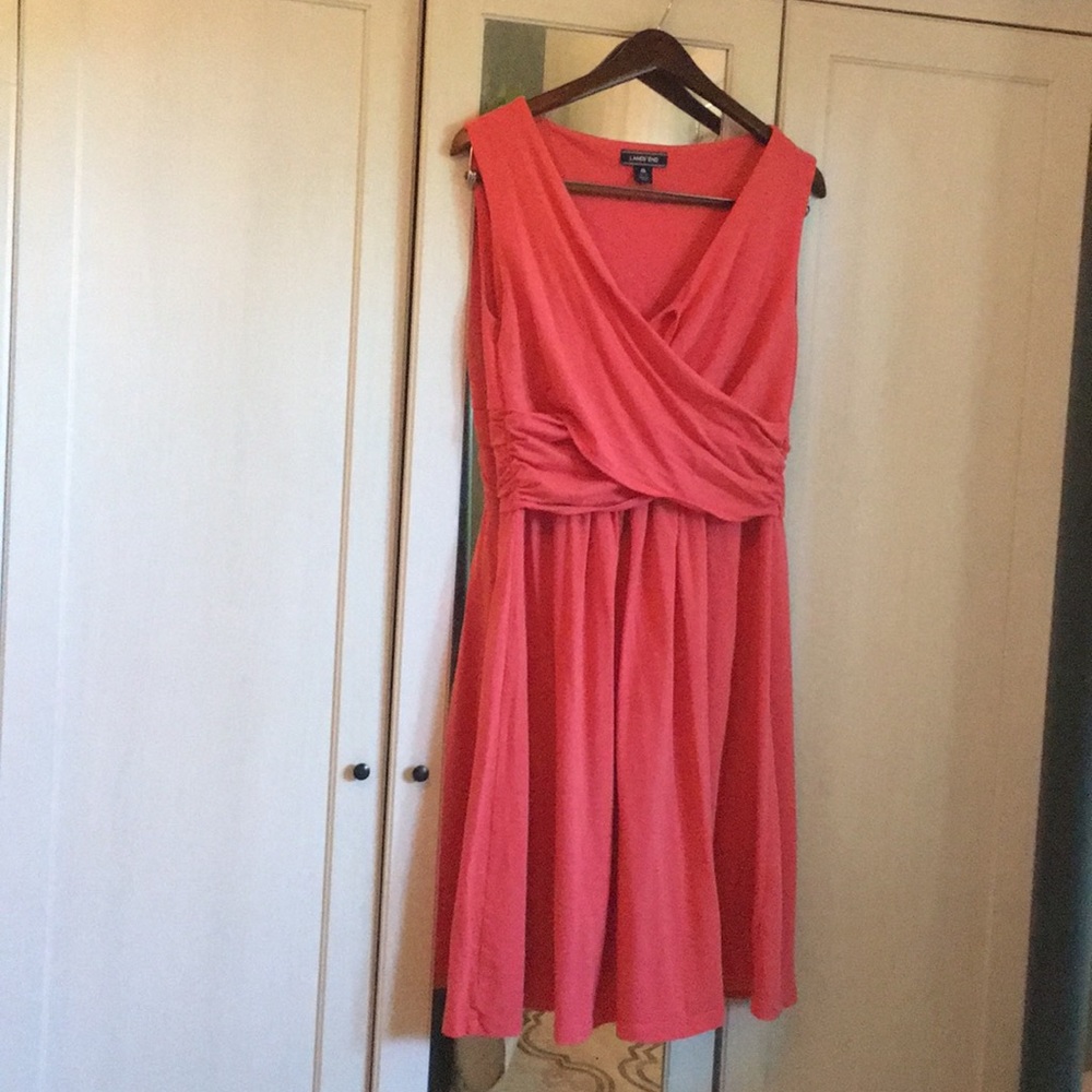 Comfortable coral, faux wrap dress